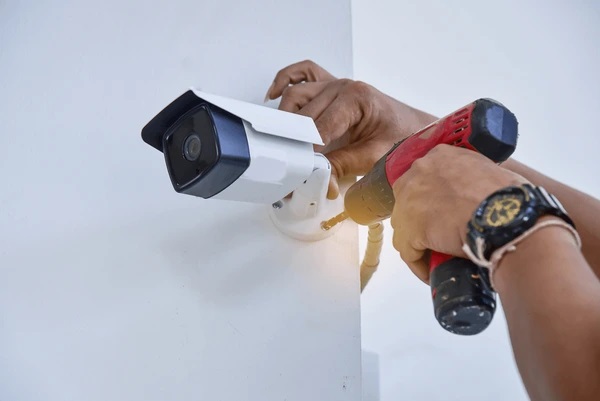 technician-installing-cctv-camera-security نصب دوربین مداربسته در کرج