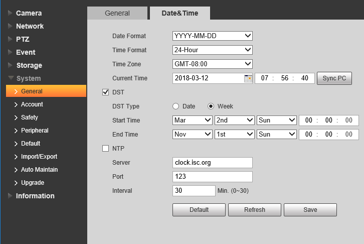 DST_Example_WestCoast تنظیم ساعت NVR
